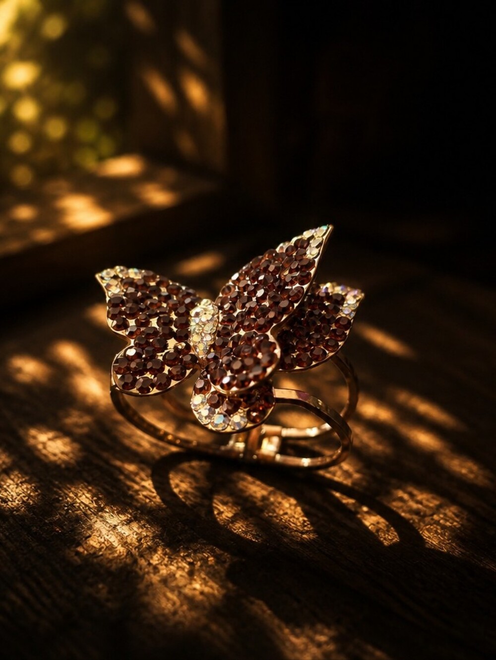 Women's Rare Vintage Y2K Gold Butterfly Cuff Bracelet with Brown Rhinestones